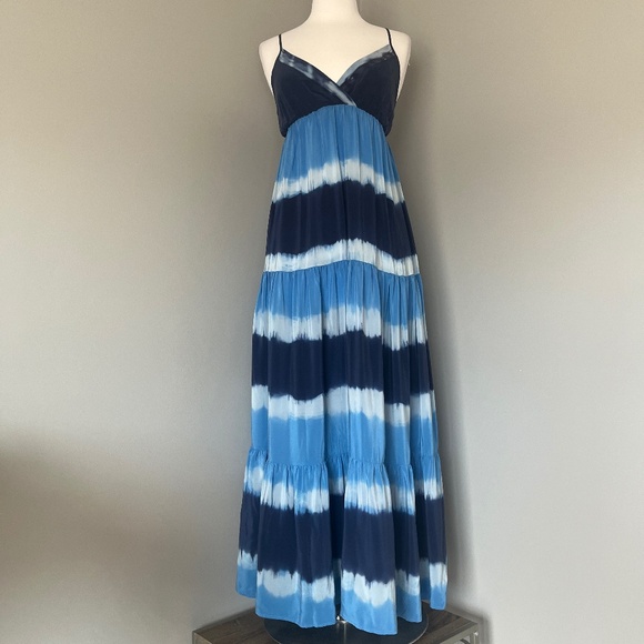 Gerard Darel Silk Maxi Navy Blue Striped Tiered Cocktail Flowy Printed Dress 6 - Picture 1 of 13